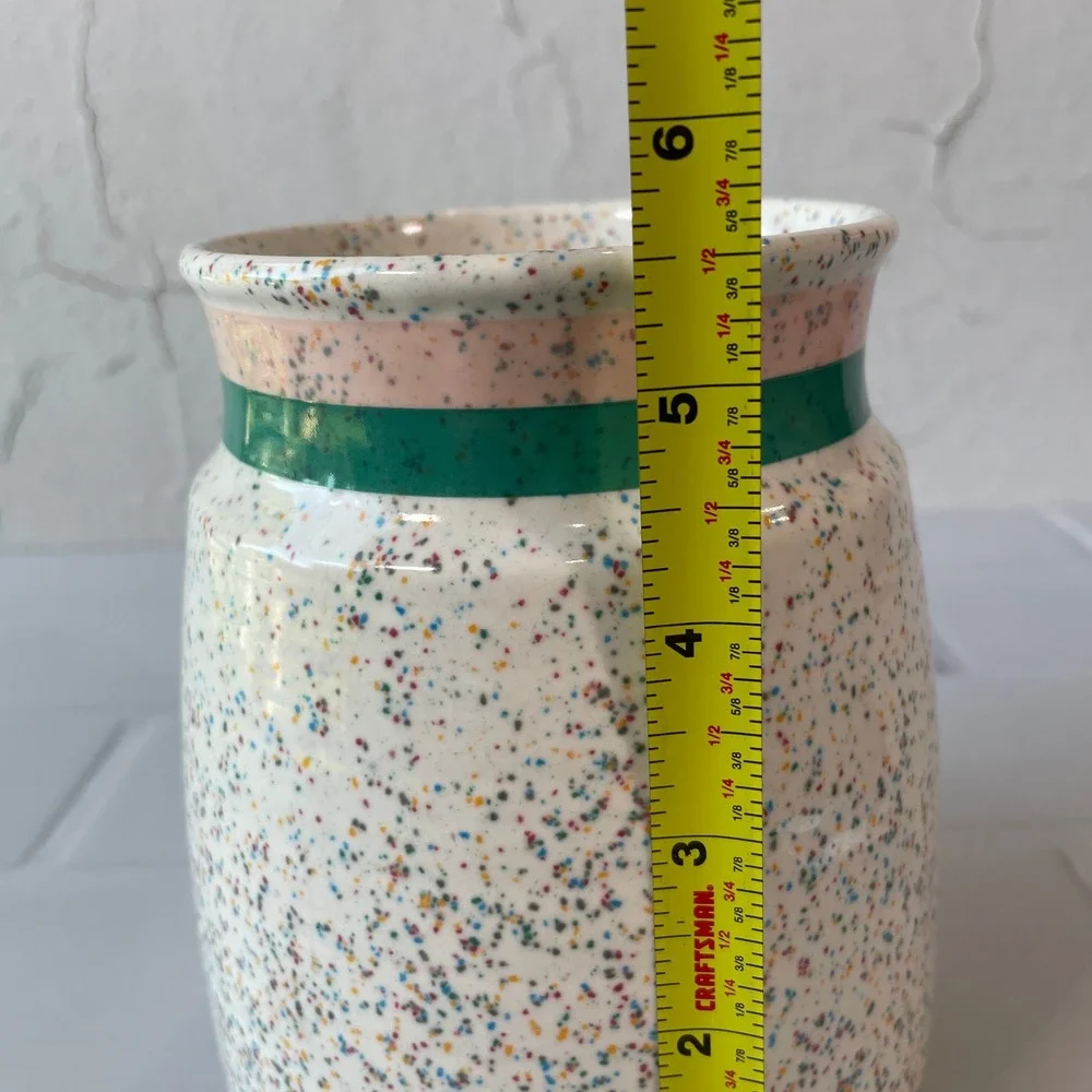 Vintage 50s Otagiri Confetti Splatter Ceramic Jar Japan Pink Teal Stripe MCM